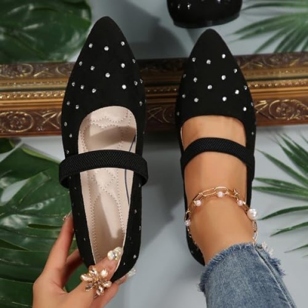 Women's Mary Jane Flats Shoes Pointed Toe Rhinestone Casual Ballet Flats with Ankle Strap Comfortable Suede Dress Shoes for Women Work Office