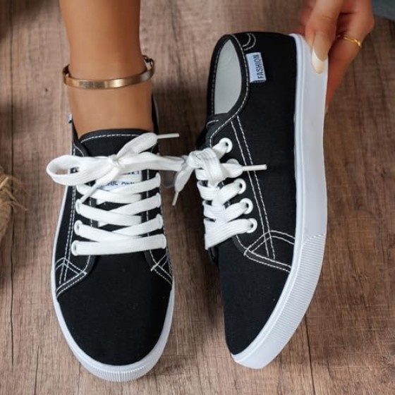 Women's Fashion Canvas Sneakers Casual Tennis Shoes Low Top Lace Up Sneakers Walking Shoes for Women