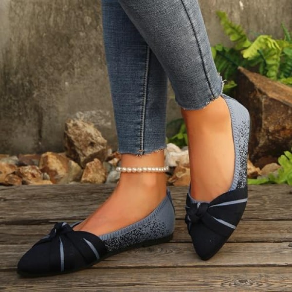 Women's Flats Pointed Toe Bow Knit Ballet Flat Shoes Comfortable Dressy Mesh Slip On Ballerina Flats for Women