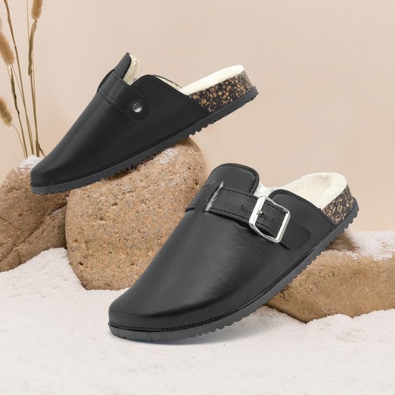 Suede Clogs for Women Men Fuzzy PU Soft Cork Footbed Leather Mules Comfort Potato Shoes with Arch Support