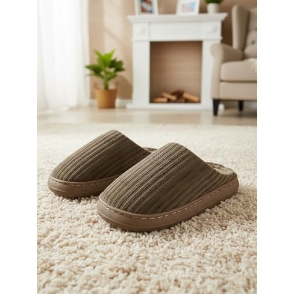 Ultra-Comfortable House Slippers for Men & Women, Memory Foam Indoor Slippers with Non-Slip Sole, Soft Plush Lined House Shoes for Home Use Brown