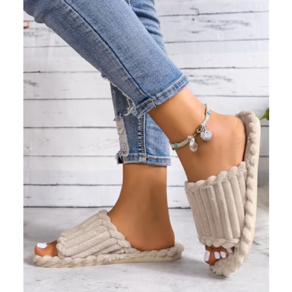 Slippers for Women Corduroy Memory Foam Indoor Slippers Open Toe Slip On Bedroom Comfy House Slide Slipper Shoes