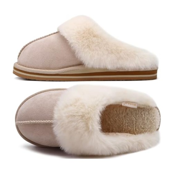 KuaiLu Womens Fluff Dual Memory Foam Slippers Ladies Cozy Arch Support Warm Scuff Slippers Slip on Comfy Winter House Shoes with Non-Slip Indoor Outdoor Hard Sole